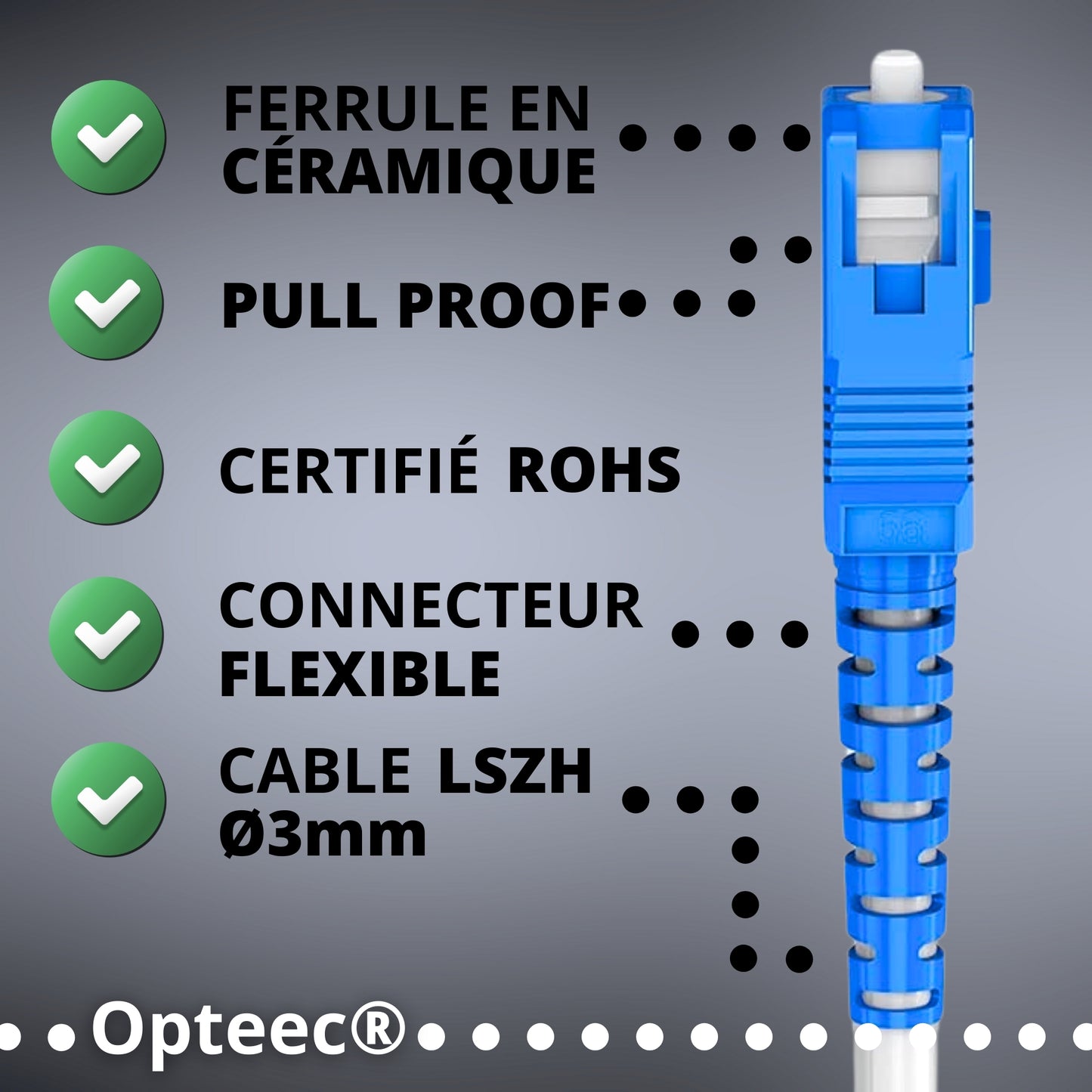 Opteec® - Câble Fibre Optique Blindé - FREE - Rallonge/Jarretière - SC/APC à SC/UPC Renforcé - Simplex Monomode - Garantie 10 Ans